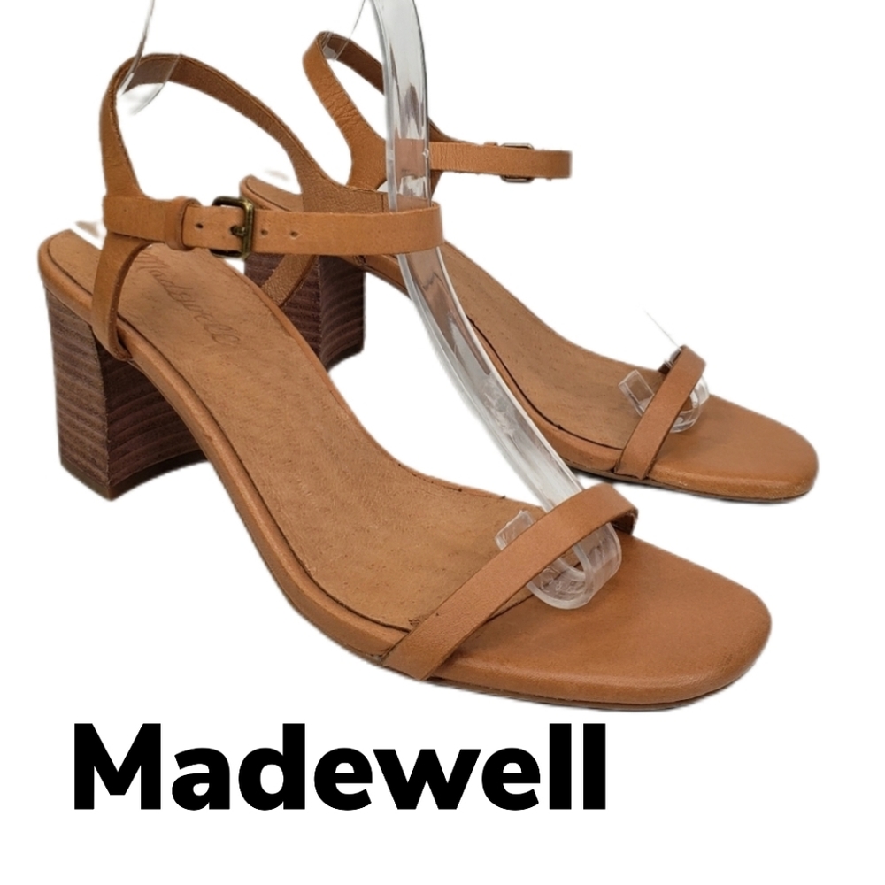 Madewell Hollie tan leather stacked heel minimalist casual Sandels  Sz 7.5